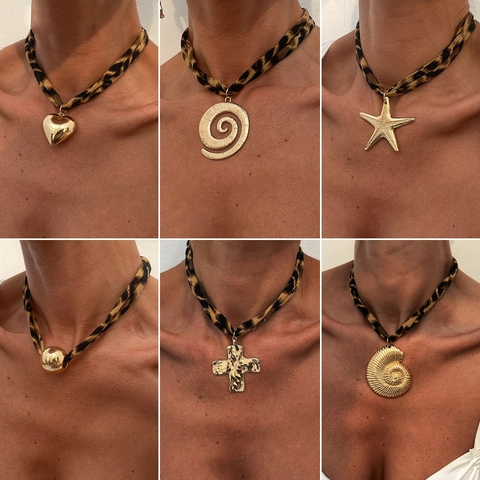 Bohemian Leopard Print Cotton Fabric Choker Necklace For Women Gold Alloy Heart Starfish Flower Shell Pendant Jewelry