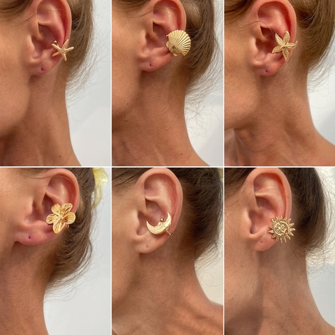 Vintage Vacation Alloy Starfish Shell Flower Moon Sun Ear Cuff Non-Pierced Clip On Earrings For Women Summer Beach Jewelry