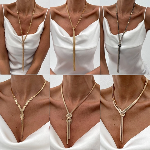 Hip Hop Knotted Flat Snake Bone Chain Necklace Metal Alloy Iron Tassel Pendant Necklaces For Women Fashion Jewelry