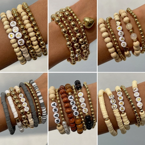 Boho Stapelbar Armband Set Für Damen Polymerton Heishi Perlen Holzperlen Goldperlen Armband Mama Love Buchstaben Charms Ethnische Stapelbare Armbänder Muttertag Schmuck Geschenk