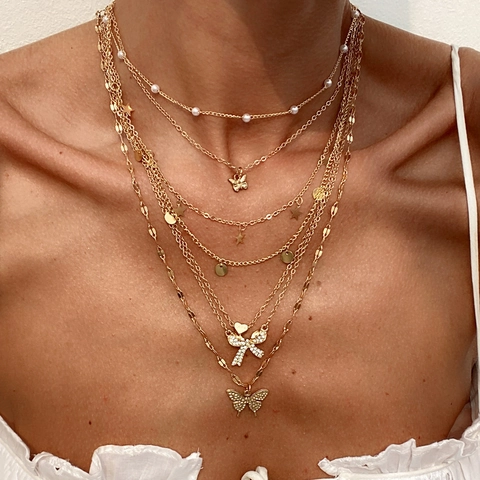 Mode Mehrlagige Schmetterling Halskette Für Damen Vergoldete Legierung Imitationsperle Strass Kreuz Schlüssel Anhänger Mehrlagige Choker Statement Schmuck Accessoire