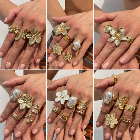 Baroque Imitation Artificial Pearl Flower Ring Set For Women Vintage Gold Silver Plated Alloy Resin Rhinestone Open Adjustable Ring Jewelry