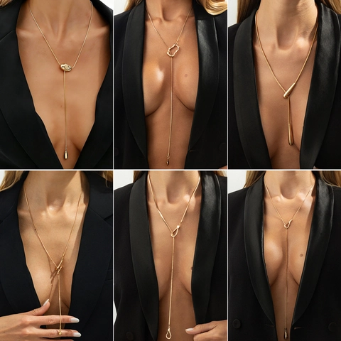 Minimalist Y-Shaped Lariat Necklace For Women Metal Snake Bone Chain Irregular Water Drop Pendant Long Adjust Necklace Jewelry