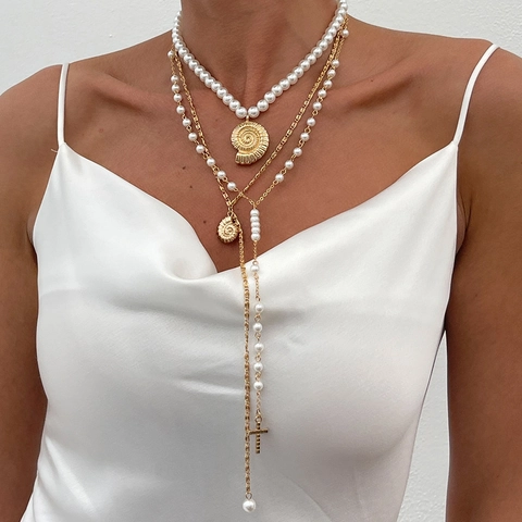 Collana a Strati in Catena di Ferro Placcato Oro Con Künstliche Perle Sintetiche Ciondolo a Conchiglia E Croce Per Donna Gioielli Vacanza