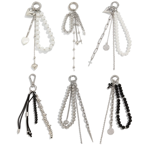 Metal Heart Pendant Bag Chain Keychain For Women With Imitation Artificial Pearl Tassel Cross Star Charms Y2K Punk Style Jewelry Gift