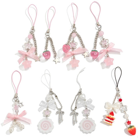 Lussuosa Catena per Telefono con Fiocco Fragola Stella e Torta Artificiale Per Donna Ciondolo per Borsa Nastro Perla Artificial Sintetica