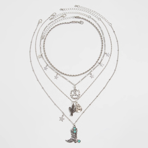 Collana Multistrato Boemia Lega Turchese Cowboy Western Cactus Ferro Di Cavallo Cappello Stivale Ciondolo Gioielli