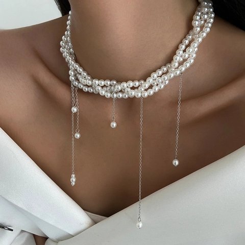 Sweet Cool Heart Tassel Necklace With Irregular Beads Imitation Artificial Pearl Turquoise Mixed Metal Chain Choker For Women Y2K Jewelry