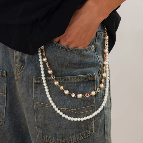 Dames Multi-layer Legering Imitatie Kunstparel Broekketting Gekleurde Strass Hart Bloem Kruis Hanger Taille Ketting Hip Hop Streetwear Sieraden