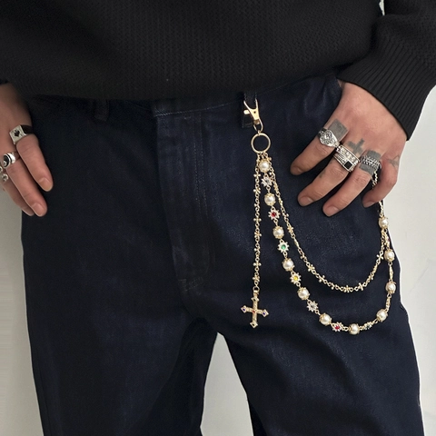 Punk Multi-layer Trouser Chain With Artificial Pearl Cross Pendant Rhinestone Hip Hop Waist Chain For Men Women Jeans Accessorie