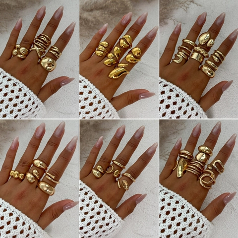 Ensemble de Bagues Minimalistes en Alliage Goutte d'Eau Métal Liquide pour Femme Géométrique Irrégulier Or Argent Plaqué