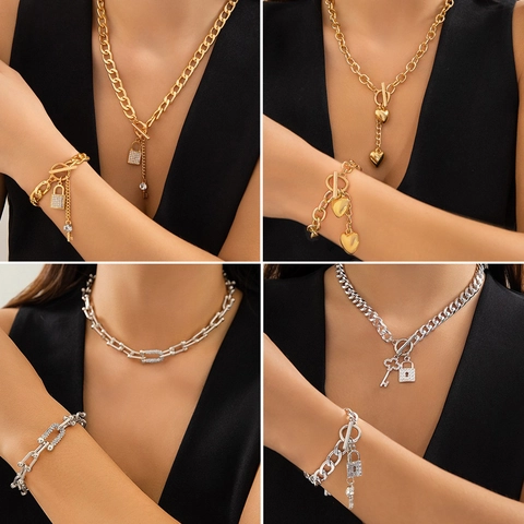 Hip Hop Metalen Hart Slot Sleutel Hanger Ketting En Armband Voor Dames Mode Strass Legering Schakel Sieraden Goud Zilver