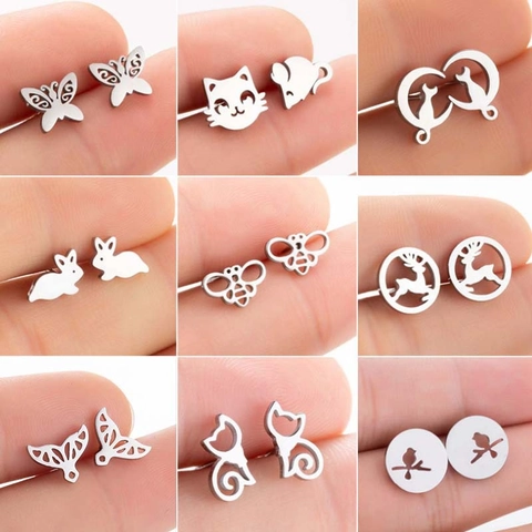 Minimalist Stainless Steel Stud Earrings For Women Cute Hollow Butterfly Cat Rabbit Bee Reindeer Animal Jewelry Christmas Birthday Gift