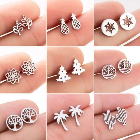 Bohemian Stainless Steel Stud Earrings For Women Children Fashion Leaf Pineapple Snowflake Tree Of Life Christmas Tree Palm Tree Cactus Jewelry