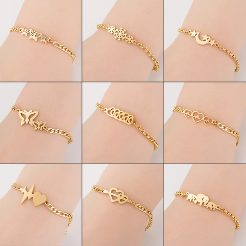 Pulsera de Moda de Acero Inoxidable con Mariposa Corazón Copo de Nieve Elefante Dorado Plateado Oro Rosa Cadena Figaro Mujer