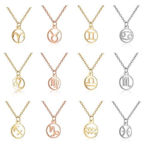 Edelstahl Zwölf Sternzeichen Anhänger Halskette Für Damen Hohl Rund Geometrische Schlüsselbeinkette Schmuck Geschenk