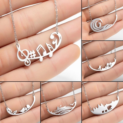 Stainless Steel Pendant Necklace Minimalist Music Note Surfing Skier Bear Bird Kayak Hollow Jewelry For Women Clavicle Chain