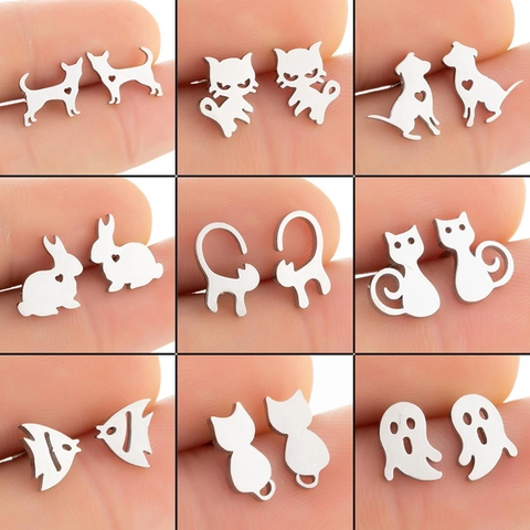 Stainless Steel Animal Stud Earrings For Women Cute Hollow Heart Cat Dog Rabbit Fish Ghost Minimalist Cartoon Jewelry