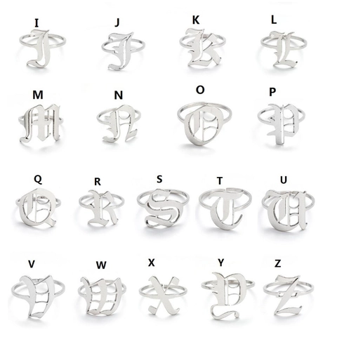 Gothic Old English Initial Ring For Women Men Stainless Steel Retro Open Adjustable Letter Ring Gold Silver Jewelry