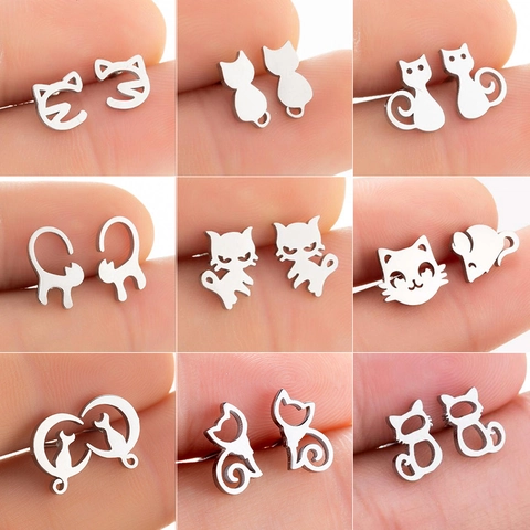 Stainless Steel Cat Stud Earrings For Women Cute Hollow Animal Kitten Moon Mouse Earrings Minimalist Fashion Jewelry Gift