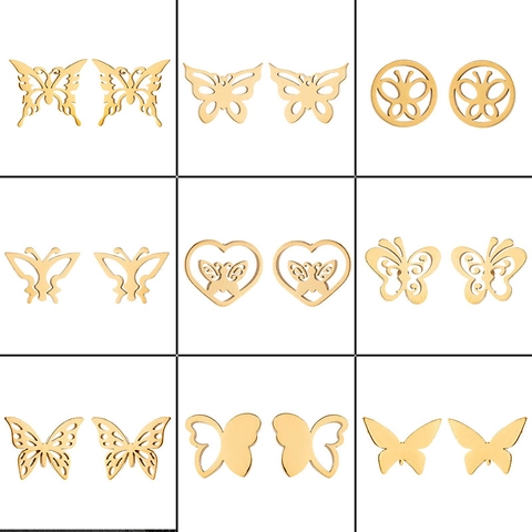 Stainless Steel Butterfly Stud Earrings For Women Hollow Insect Design Gold Silver Rose Gold Black Minimalist Jewelry