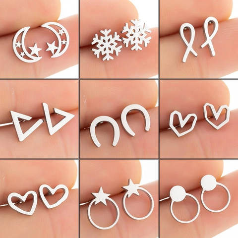 Boucles d'oreilles clous minimalistes en acier inoxydable pour femmes filles Lune Étoile Cœur Flocon de neige Forme géométrique Or Argent Noir Plaqué Bijoux de mode Cadeaux