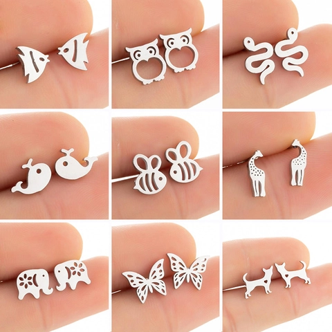 Retro Stainless Steel Animal Stud Earrings For Women Mini Giraffe Snake Fish Cat Dog Elephant Owl Bee Butterfly Jewelry Gift