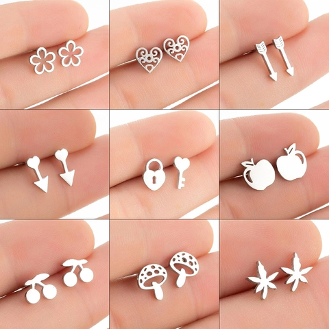 Stainless Steel Stud Earrings For Women Girls Minimalist Flower Heart Arrow Key Apple Cherry Mushroom Maple Leaf Jewelry