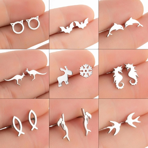 Minimalist Stainless Steel Animal Stud Earrings For Women Cat Bat Dolphin Fawn Snowflake Shape Fashion Jewelry
