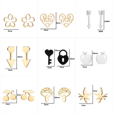 Stainless Steel Stud Earrings For Women Girls Minimalist Flower Heart Arrow Key Apple Cherry Mushroom Maple Leaf Jewelry