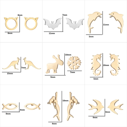 Minimalist Stainless Steel Animal Stud Earrings For Women Cat Bat Dolphin Fawn Snowflake Shape Fashion Jewelry