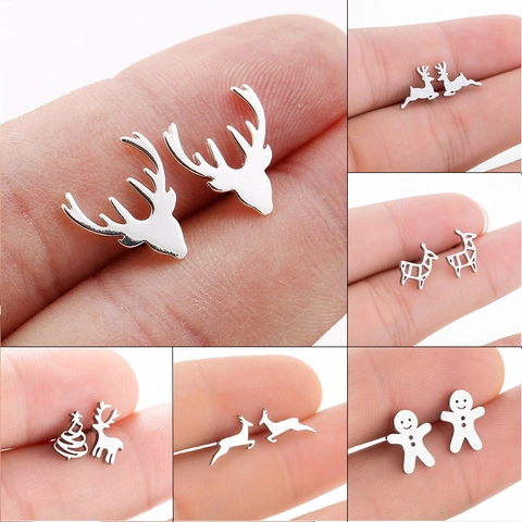 Stainless Steel Christmas Stud Earrings Reindeer Gingerbread Man Christmas Tree Minimalist Animal Jewelry For Women Holiday Gift