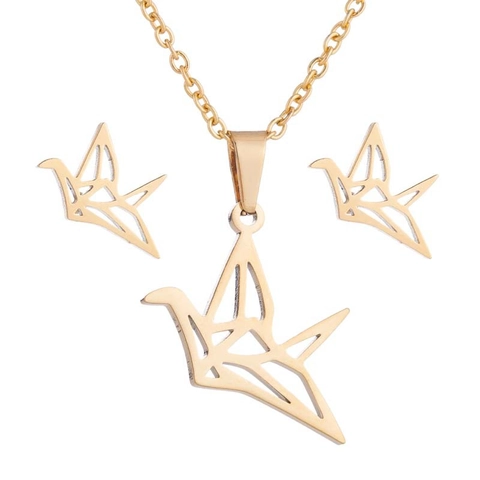 Origami Crane Κολιέ Και Σκουλαρίκια Από Ανοξείδωτο Ατσάλι Κοίλο Γεωμετρικό Πουλί Μενταγιόν Κολιέ Γυναικεία Κοσμήματα Ζώων