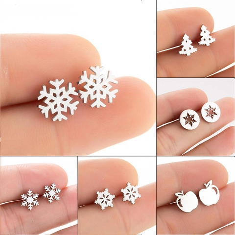Stainless Steel Christmas Snowflake Tree Apple Stud Earrings For Women Festive Holiday Jewelry Gift Gold Silver Black Rose Gold