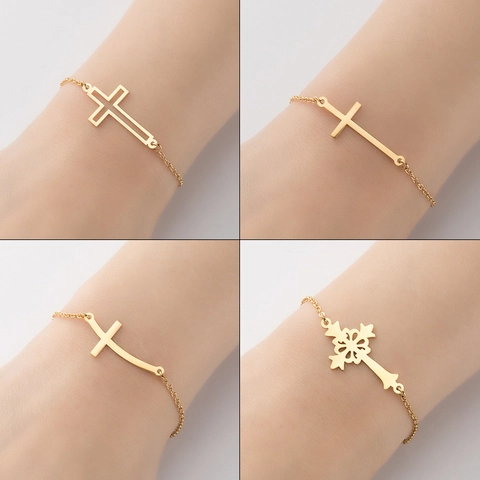 Fashion Stainless Steel Cross Pendant Bracelet For Women Men Minimalist Gold Silver Hollow Geometric Religious Jewelry Adjustable Link Chain Bracelet