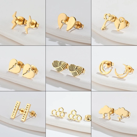 Boucles d'Oreilles Clous Minimalistes en Acier Inoxydable Femme Cœur Lune Éclair Géométrique Clé Cadenas Bijoux Accessoire
