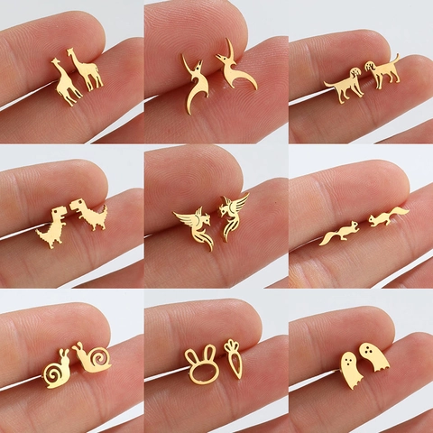 Stainless Steel Animal Ghost Dinosaur Giraffe Ear Studs Minimalist Cute Small Earrings For Women Halloween Party Jewelry