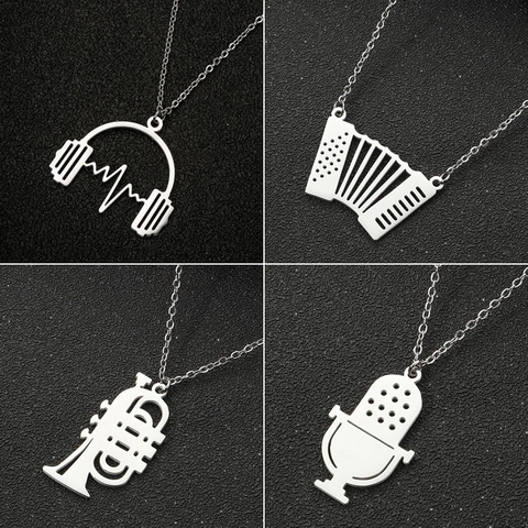 Stainless Steel Music Theme Necklace Musical Instrument Pendant Microphone Trumpet Accordion Headphone Music Note Jewelry Women