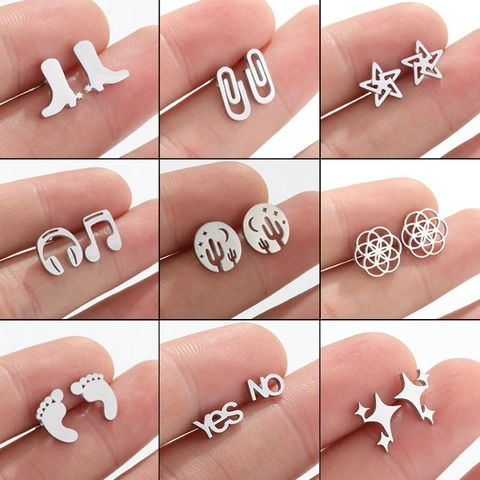 Edelstahl Ohrstecker Stiefel Herz Stern Musiknote Büroklammer Kaktus Muster Fußabdruck Yes No Damen Mode Schmuck