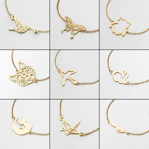 Minimalistische Roestvrijstalen Dieren Armband Voor Vrouwen Opengewerkte Vogel Vlinder Vos Kat Origami Kraanvogel Maan Verstelbare Sieraden Cadeau