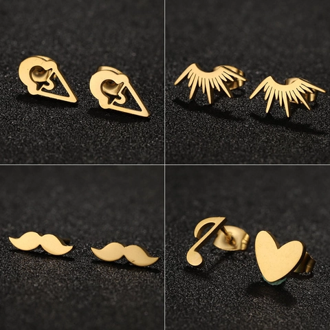 Stainless Steel Stud Earrings Heart Music Note Ice Cream Moustache Fan Style For Women Teens Fashion Piercing Jewelry Gift
