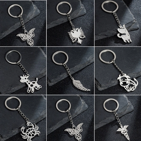 Stainless Steel Animal Keychain Retro Hollow Giraffe Crab Medical Caduceus Wing Pendant Key Ring Gift For Men Women Jewelry
