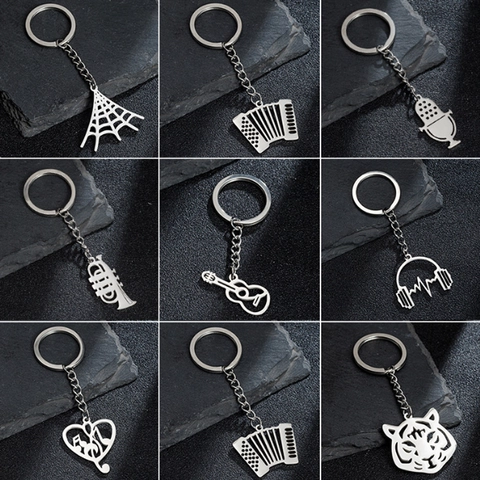 Stainless Steel Creative Musical Instrument Keychain Spider Web Guitar Trumpet Microphone Tiger Pendant Keyring For Couples Gift