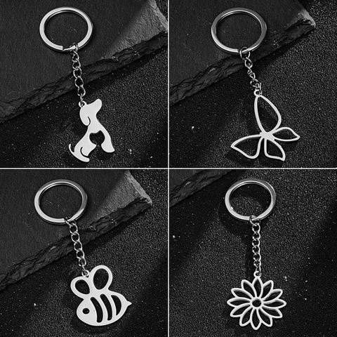 Portachiavi Minimalista in Acciaio Inossidabile Ajouré Ape Farfalla Girasole Cuore di Diavolo Ciondolo Cane Gioielli