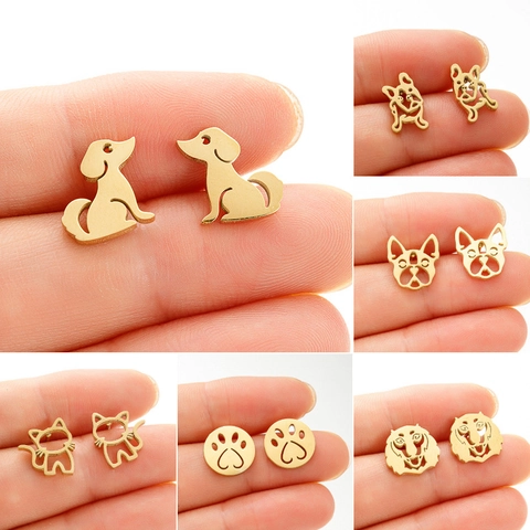 Minimalist Stainless Steel Animal Stud Earrings For Women Cute Dog Cat Paw Print Hollow Out Jewelry Daily Accessories
