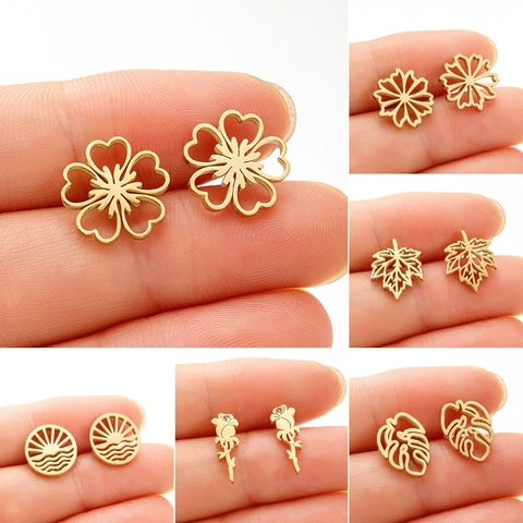 Stainless Steel Hollow Flower Rose Monstera Maple Leaf Stud Earrings For Women Minimalist Fashion Daily Jewelry