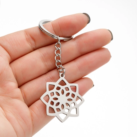 Portachiavi Vintage in Acciaio Inossidabile Con Fiore Mandala Traforato Motivo Geometrico Argento Pendente per Borsa da Donna