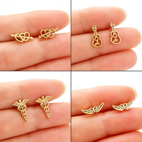 Punk Stainless Steel Stud Earrings For Women Retro Medical Caduceus Heart Guitar Angel Wings Hollowed Out Jewelry Gift