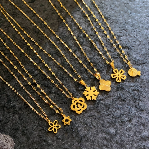 Elegant Stainless Steel Gold Plated Pendant Necklace For Women Rose Flower Clover Fish Snowflake Star Fashion Jewelry Gift