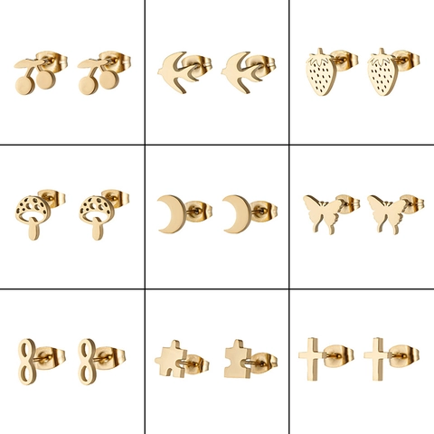 Minimalist Stainless Steel Stud Earrings For Women Tiny Butterfly Mushroom Moon Cross Infinity Puzzle Cherry Bird Ear Jewelry